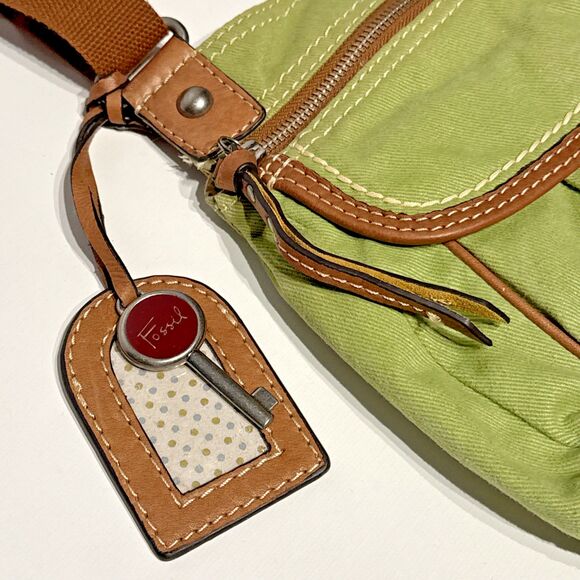 Vintage Fossil Boho Festival Crossbody Canvas Bag Purse Green Brown 10x10x3 (P3) - Picture 2 of 15